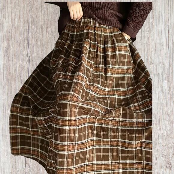Brown Plaid A-Line Midi Skirt Pockets Size Large Lagenlook Oversize Gather NWT - Picture 3 of 6